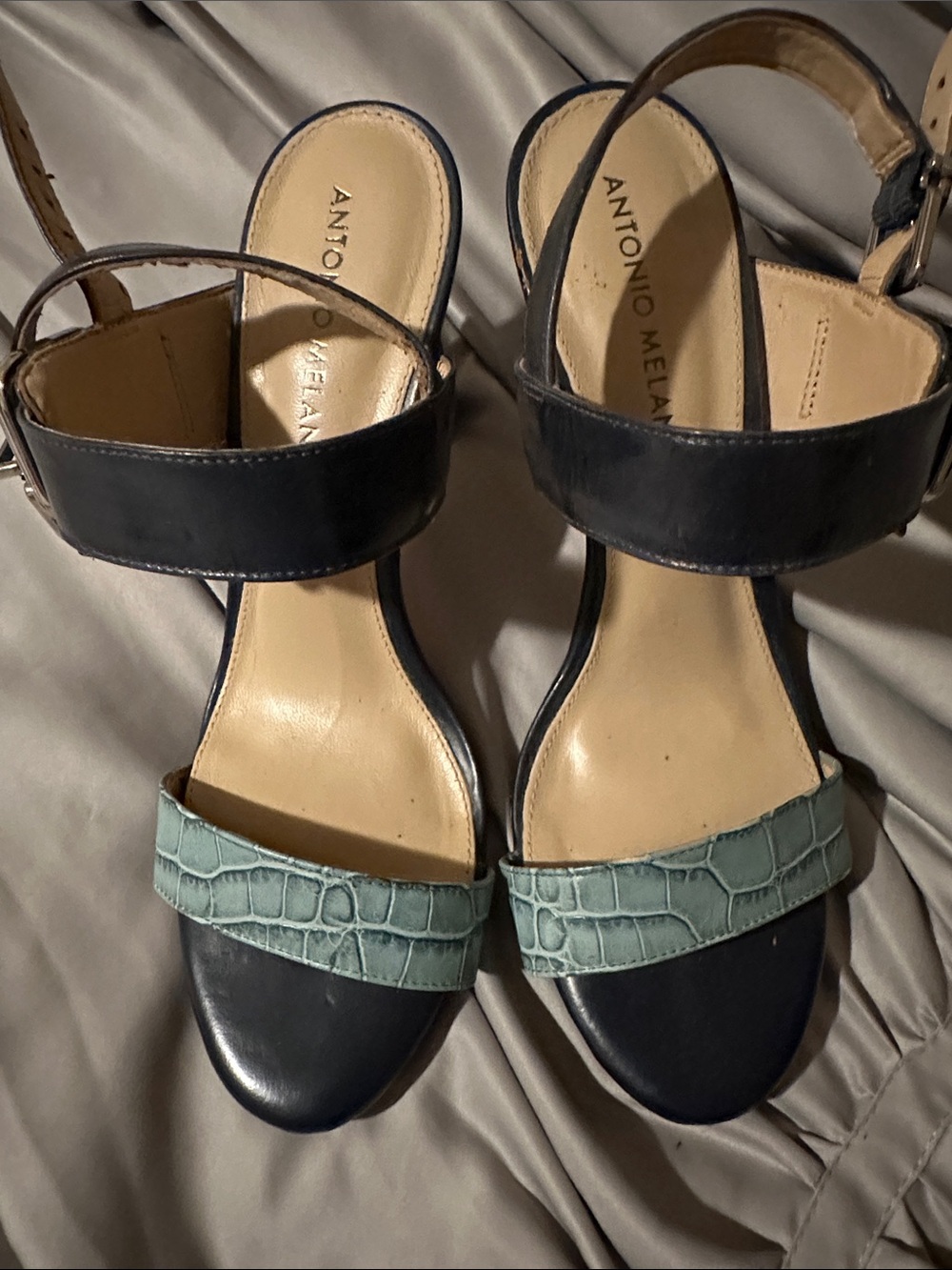 ANTONIO MELANI Navy and Mint Croc-Accent Ankle Strap Sandals
